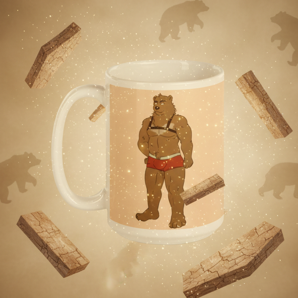 White mug featuring a muscular anthropomorphic bear in red briefs and suspenders