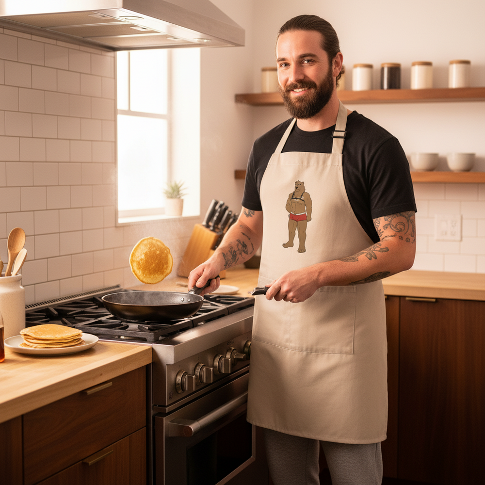 Bearded person wearing a beige apron with a bear in red briefs while flipping a pancake
