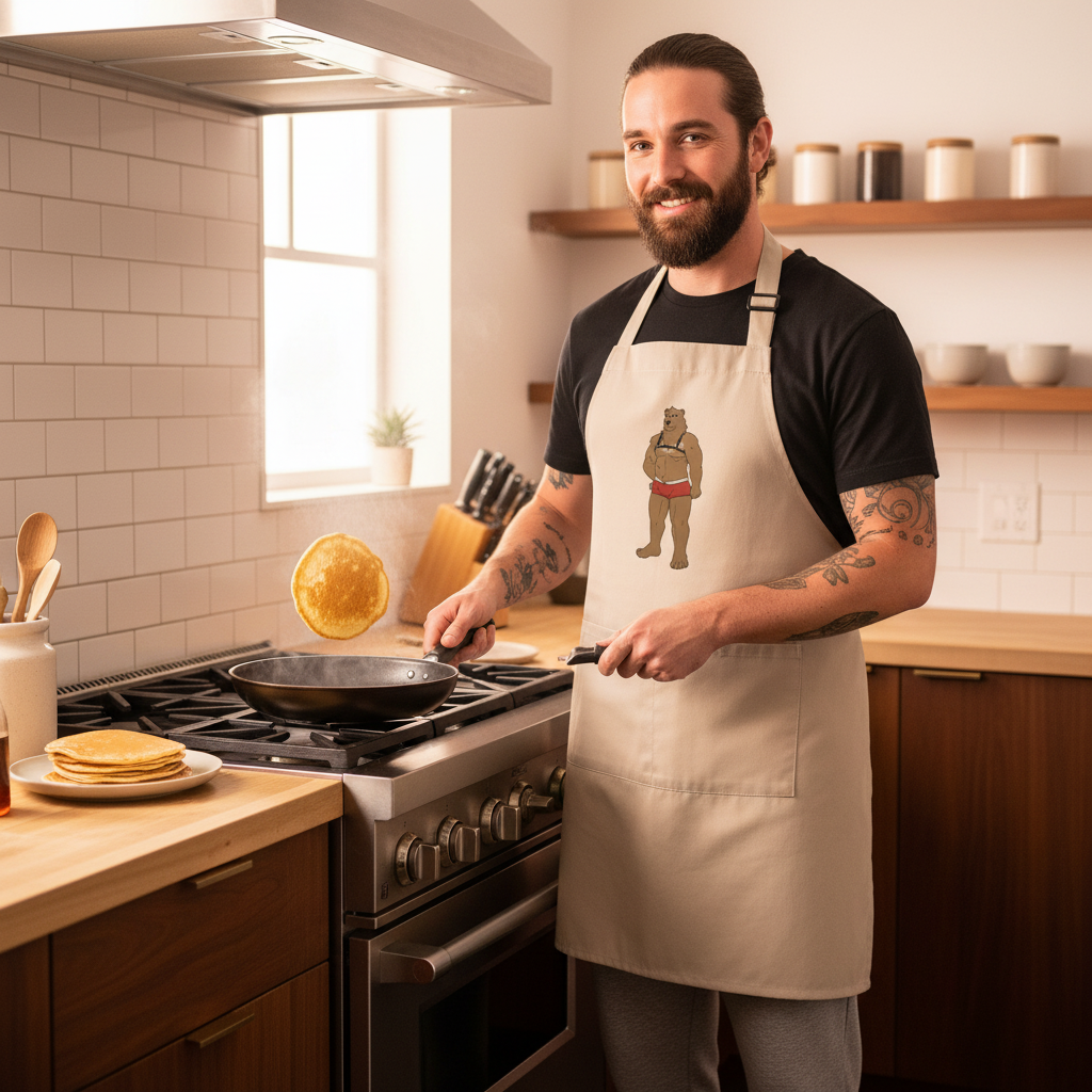 Bearded person wearing a beige apron with a bear in red briefs while flipping a pancake