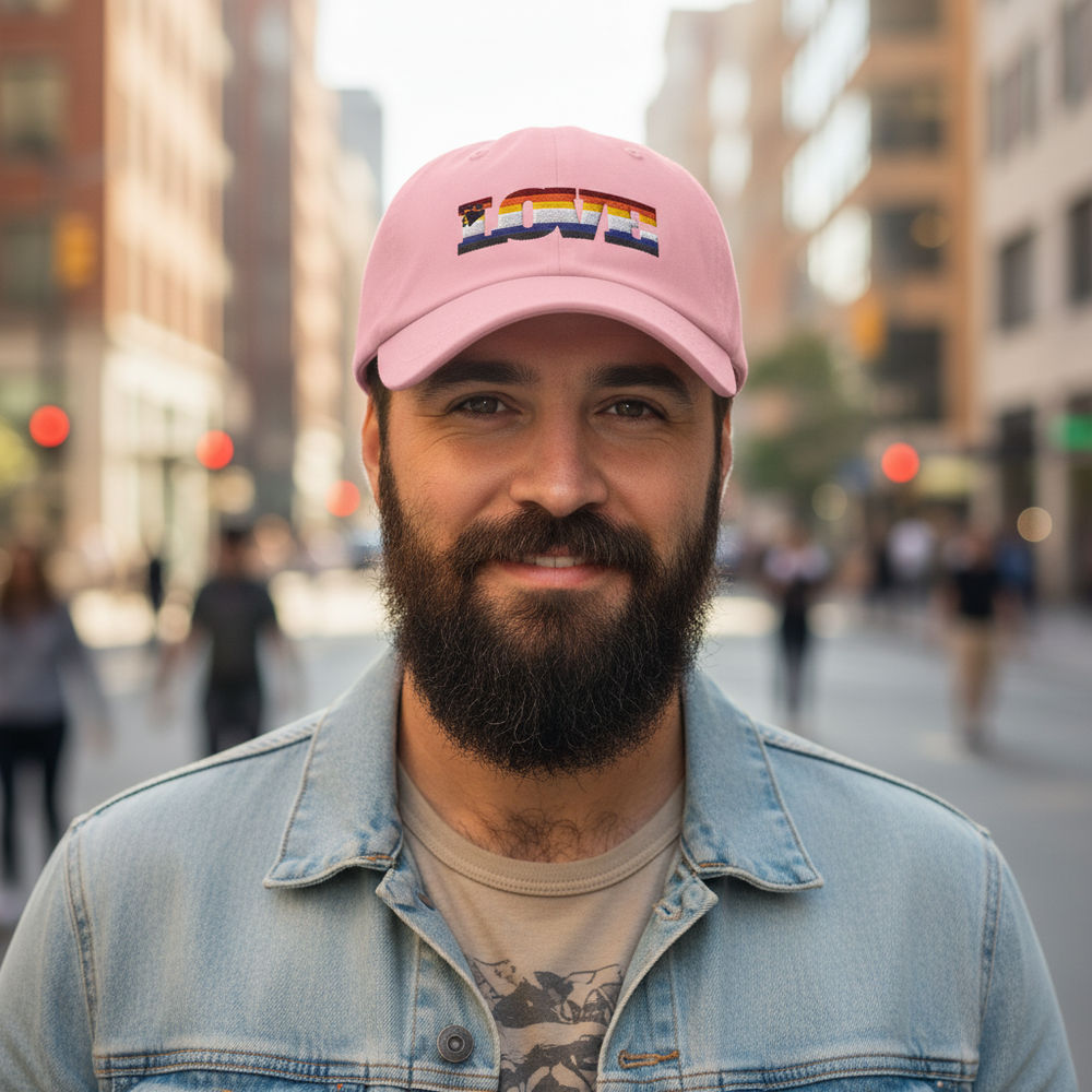 Gay Bear Pride Cap in pink with “LOVE” in rainbow colors
