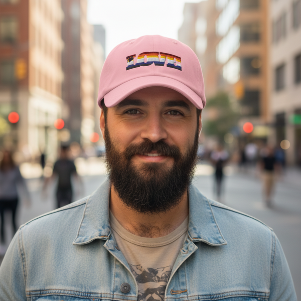 Gay Bear Pride Cap in pink with “LOVE” in rainbow colors