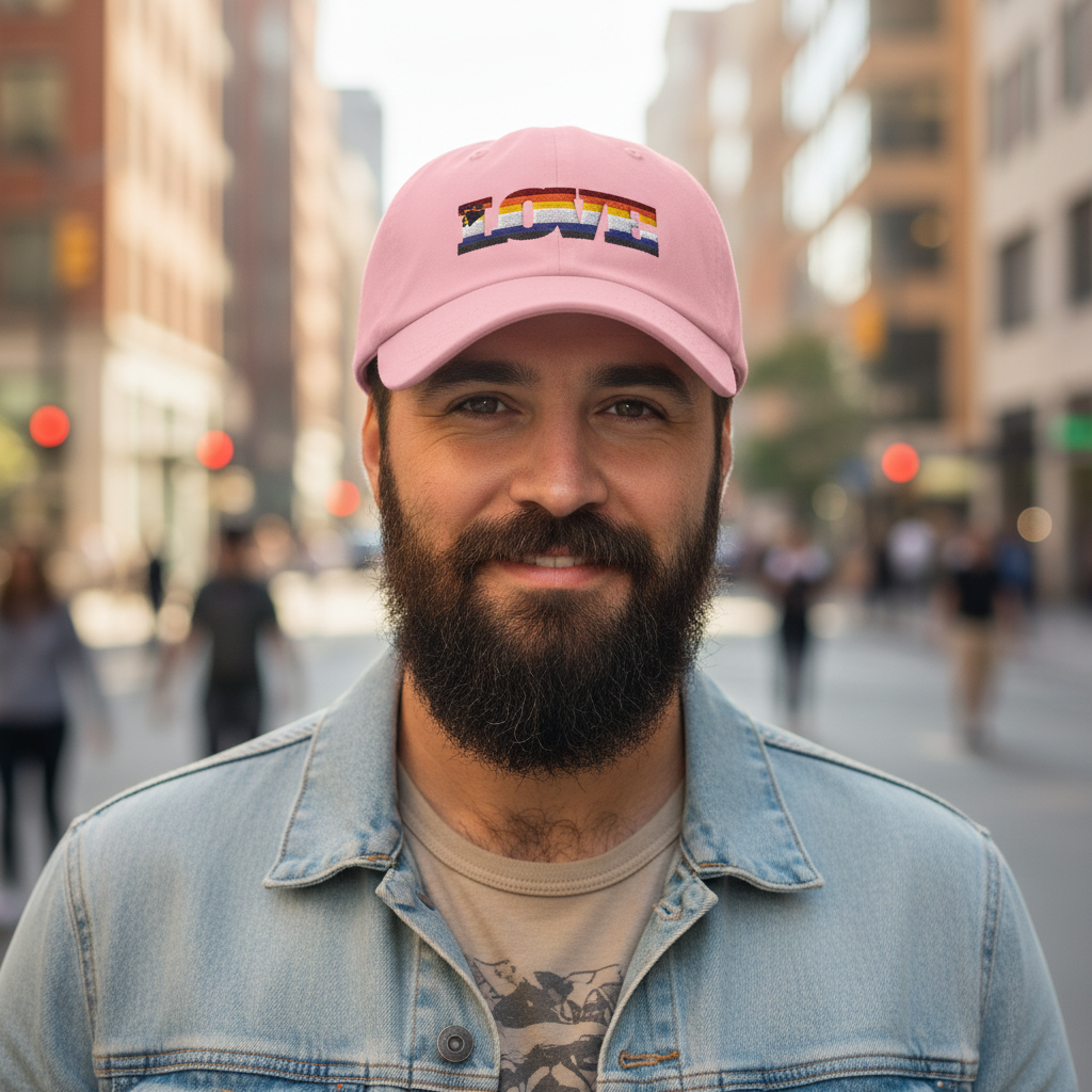 Gay Bear Pride Cap in pink with “LOVE” in rainbow colors