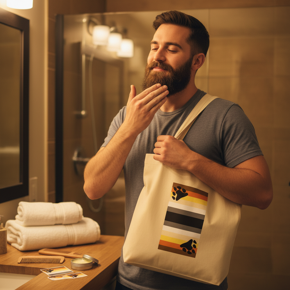 Bearded person wearing a cream tote with a striped paw-print flag design in a bathroom
