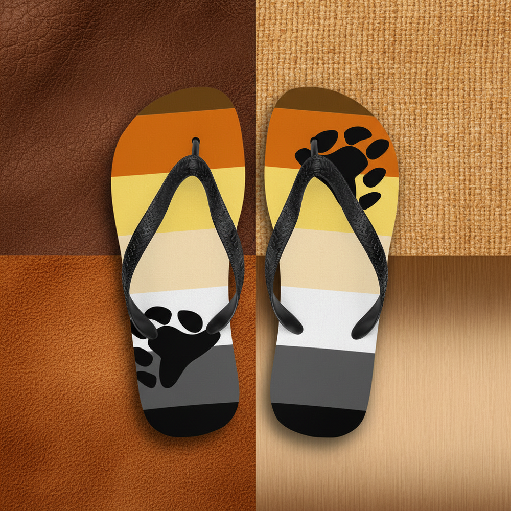 Bear Pride flip-flops with black straps, bear paw prints, and brown to gray stripes sit on leather, fabric