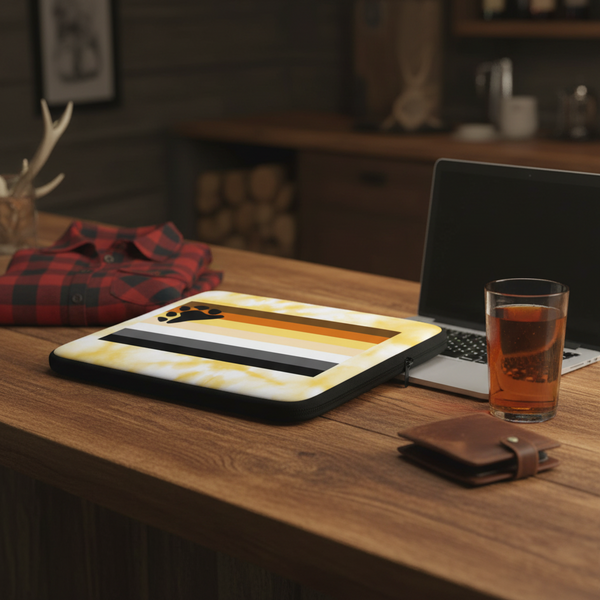 Gay Bear Pride laptop sleeve featuring brown, orange, white, and black stripes with a paw print