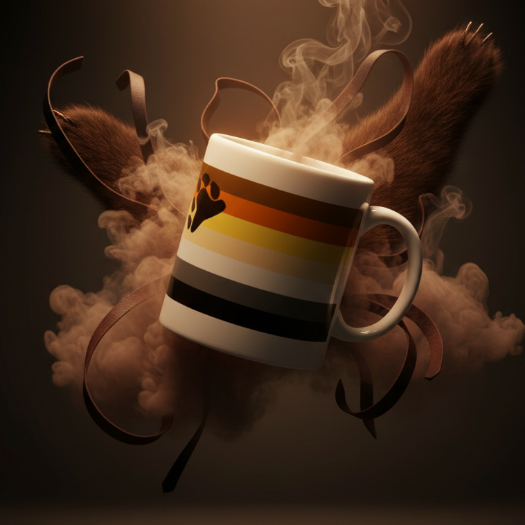Angled white mug with bear-paw emblem and bear pride stripes, surrounded by steam