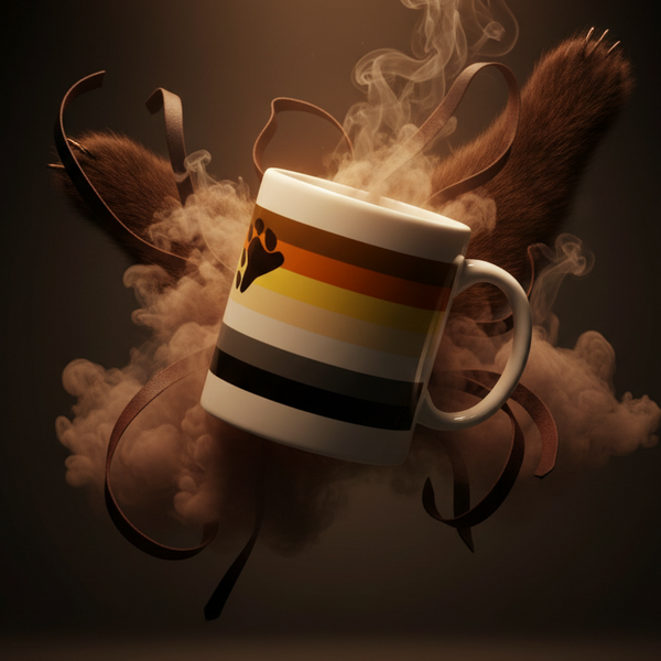 Angled white mug with bear-paw emblem and bear pride stripes, surrounded by steam