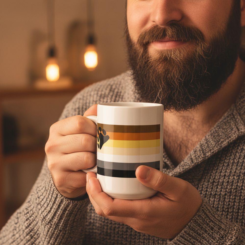Bearded person holds a white mug with bear-pride stripes and a paw print
