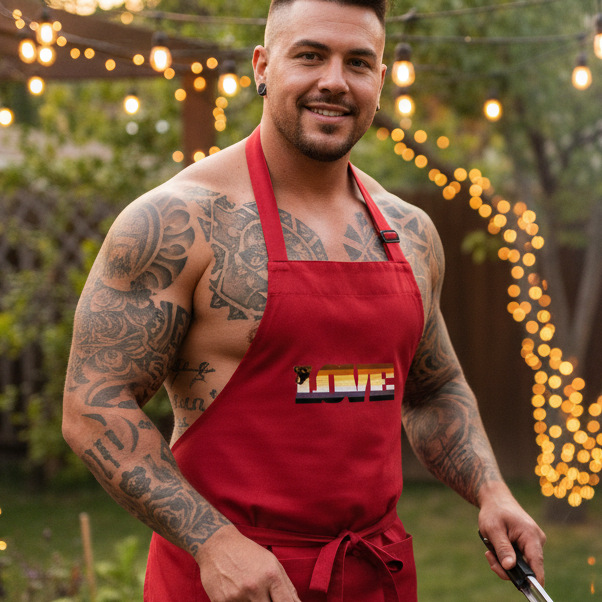 Smiling tattooed person wearing a red apron with a multicolor LOVE chest graphic