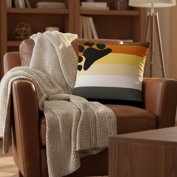 A cozy armchair with a beige knitted blanket holds a Gay Bear Pride Premium Pillow; warmly lit bookshelves, lamp