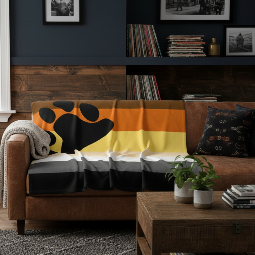 Gay Bear Pride Throw Blanket with bold horizontal stripes and a black paw print covers a brown couch