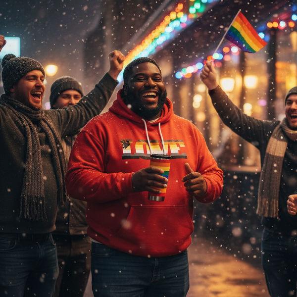 person in a red rainbow-lettered hoodie holds a Pride cup on a snowy street