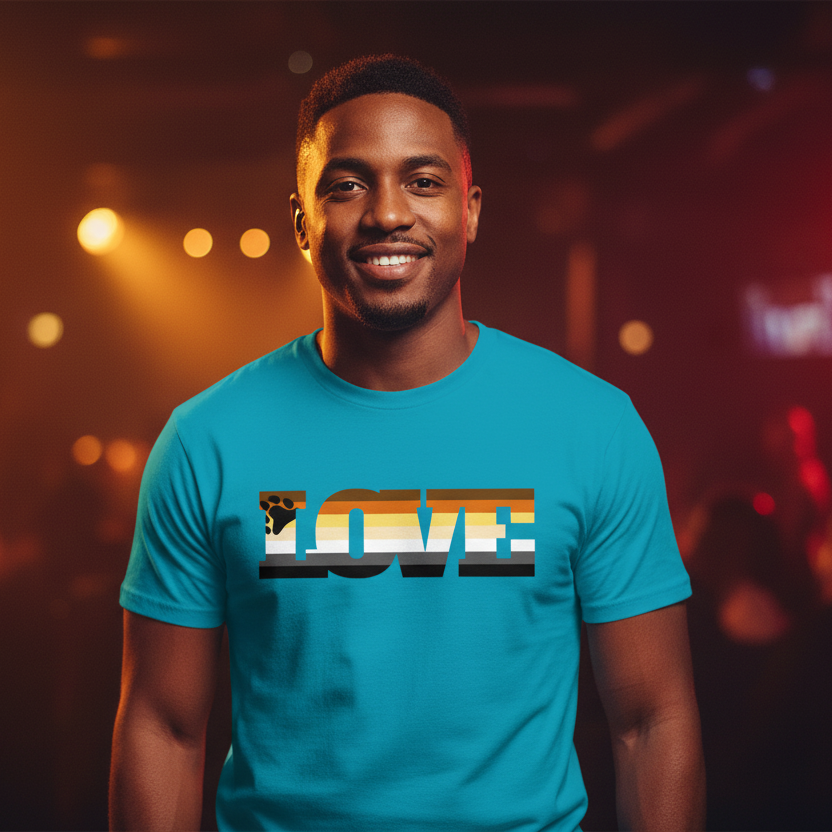 Smiling person wearing a teal T-shirt with a bear-themed pride flag LOVE graphic