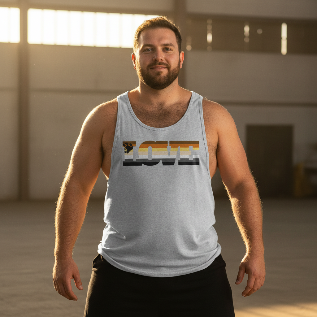 Gay Bear Pride unisex tank top in light gray with "LOVE" boldly printed, worn by a bearded man in sunlit industrial space.