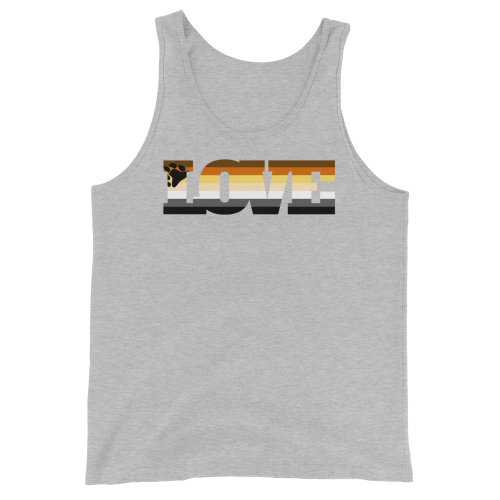 Front view of a gray tank top with a bear and striped pride-style graphic