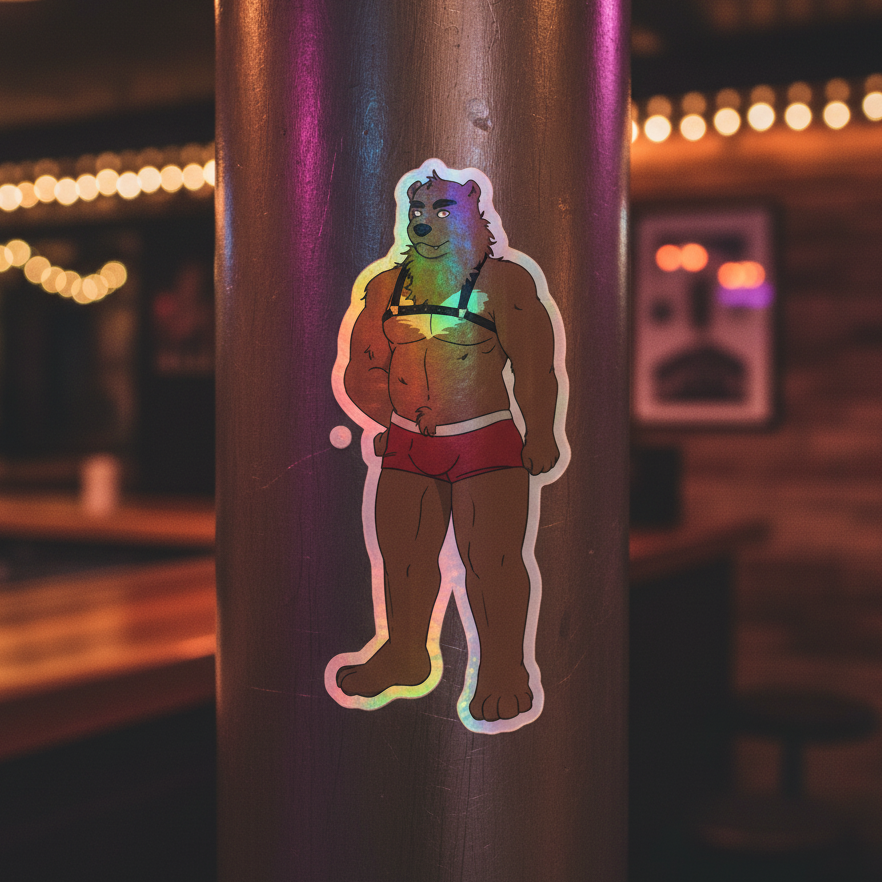Holographic sticker of a queer bear in red shorts, black harness, on a pole; festive wooden background with string lights