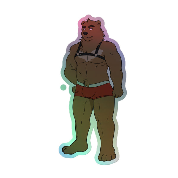 Sticker illustration of a muscular brown bear in a black chest harness and red shorts