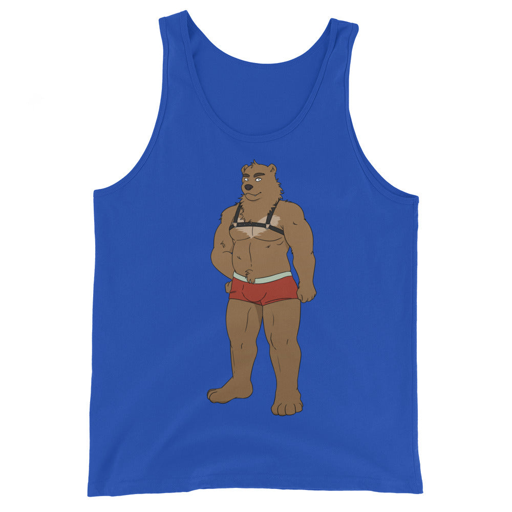 Unisex tank top in royal blue featuring a buff brown bear rocking a black-and-white bikini top and red shorts