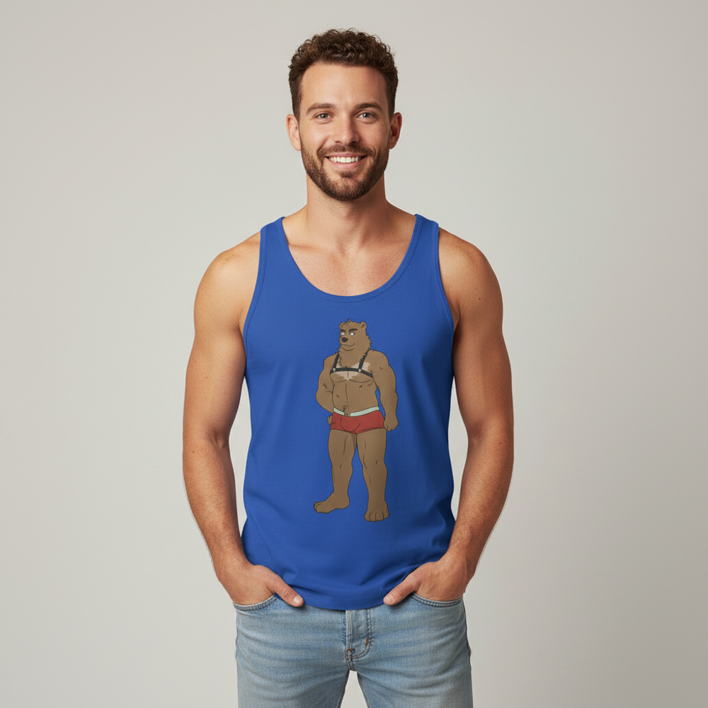 Gay Bear Unisex Tank Top with a cartoon bear in a red swimsuit and harness, worn by a smiling bearded man, hands in pockets.