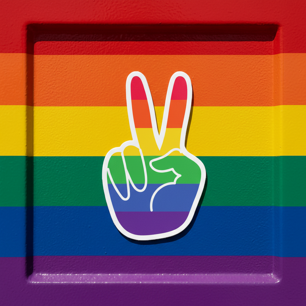 Bubble-free sticker featuring a white outlined peace sign hand over rainbow LGBTQ+ stripes, within a square border on vinyl.