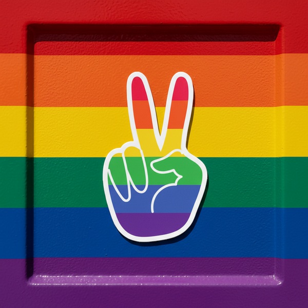 Bubble-free sticker featuring a white outlined peace sign hand over rainbow LGBTQ+ stripes, within a square border on vinyl.