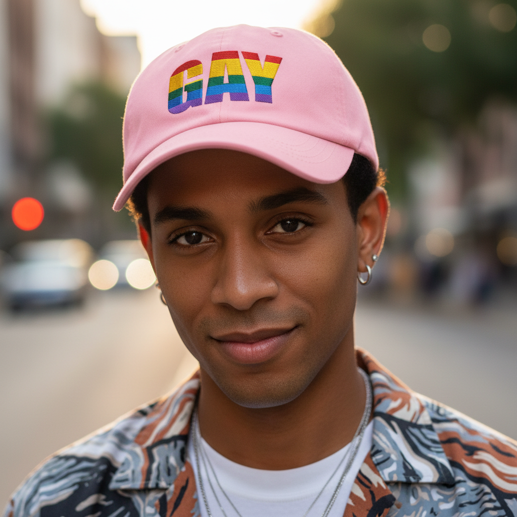 Gay Cap in pink with rainbow lettering, worn by a smiling person in silver hoop earrings and patterned shirt