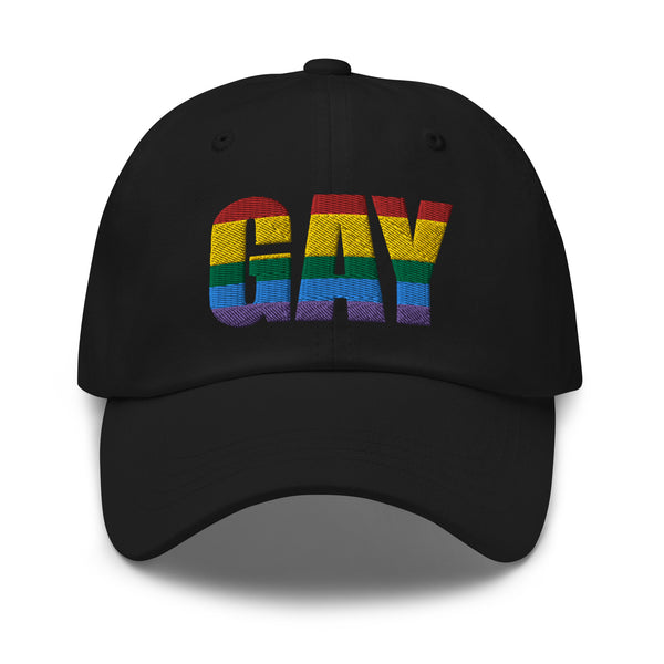 Front-facing black baseball cap with rainbow-striped embroidered “GAY” lettering