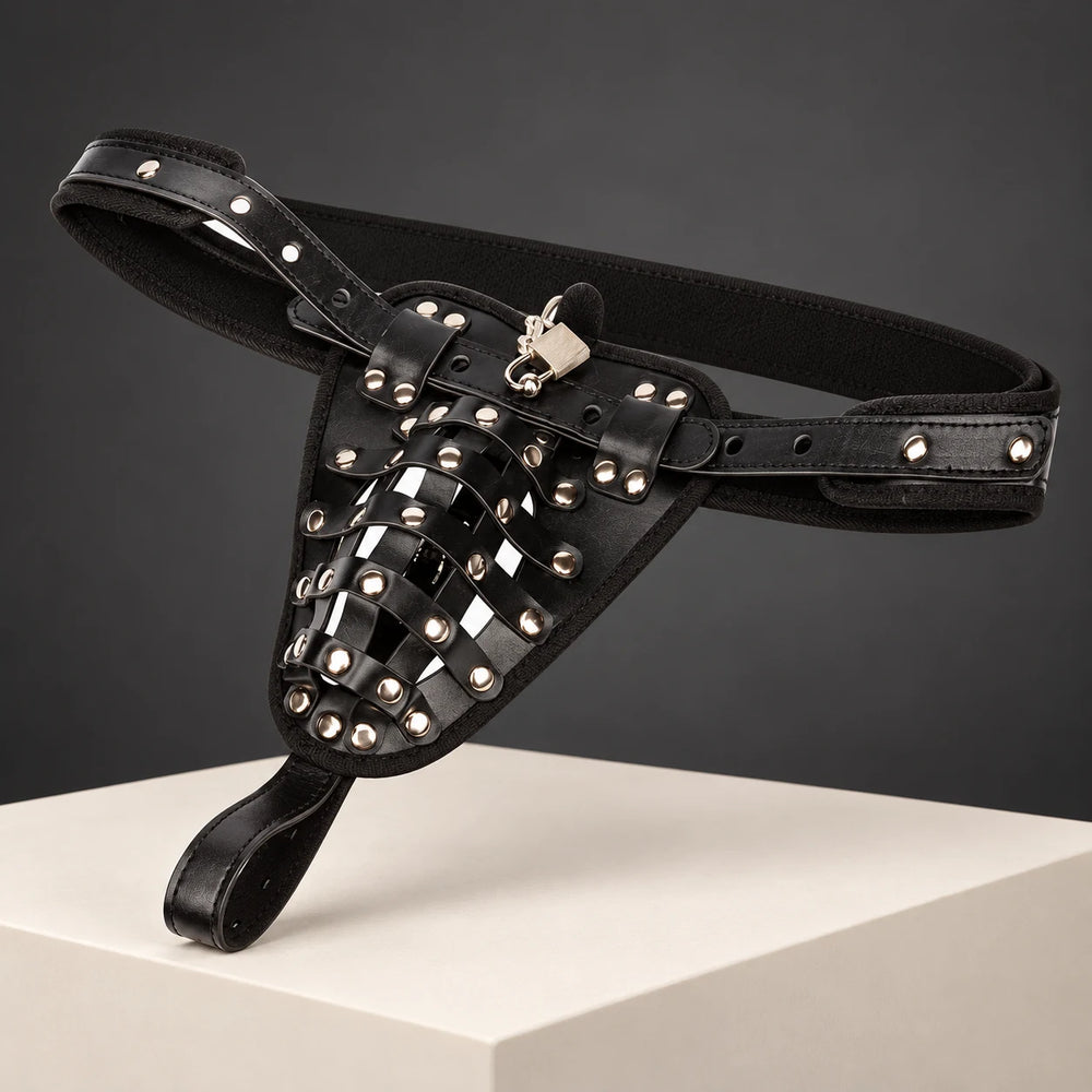 Black leather-look chastity locking belt briefs with studded straps, front cage and silver padlock on an ivory plinth.