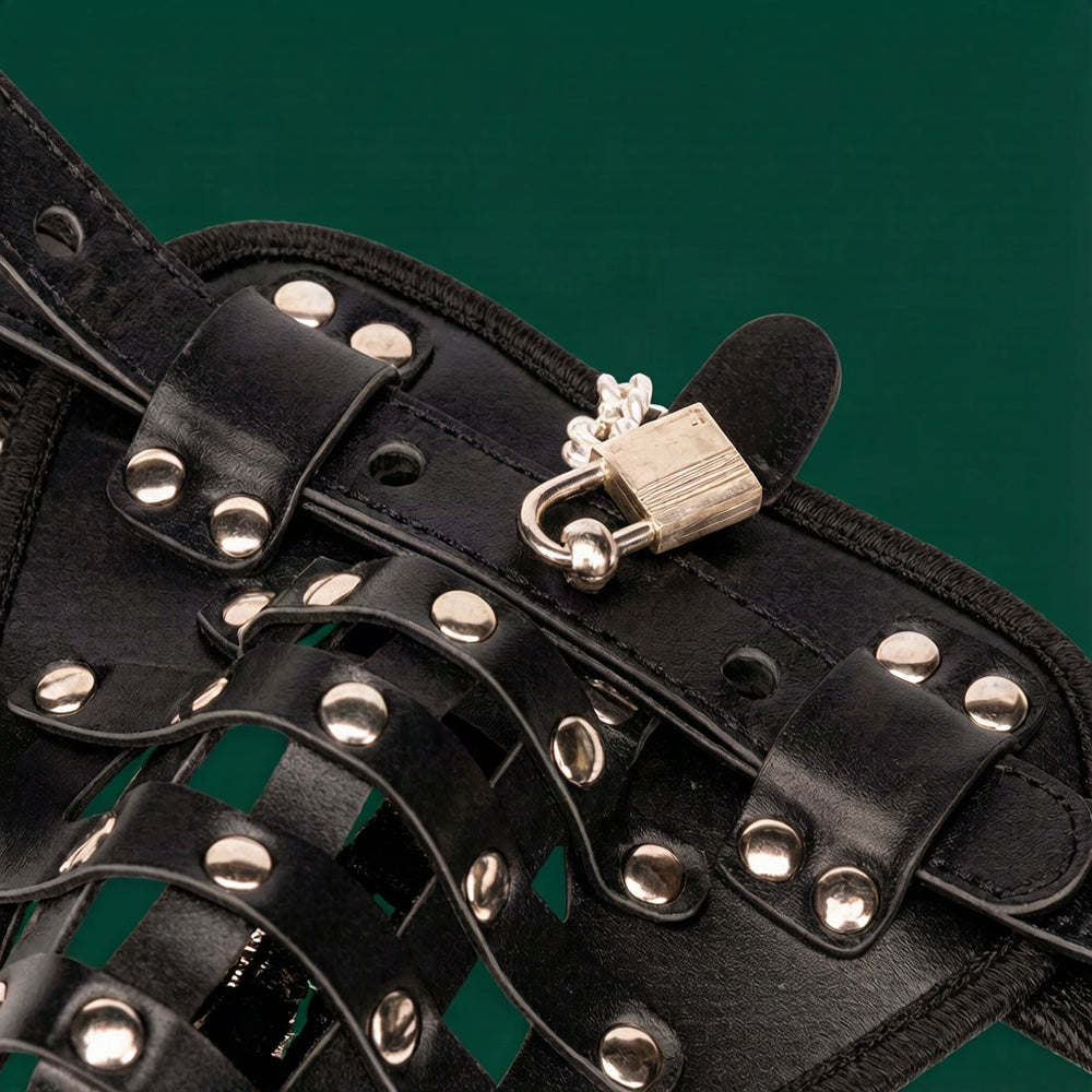 Close-up of the locking briefs’ silver padlock, upper fastening and riveted black straps against deep green.