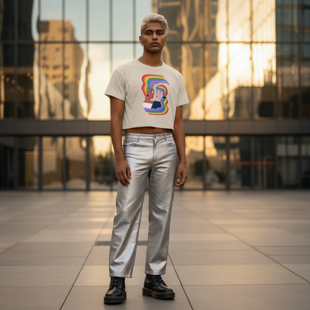 Gay Couple Crop Top with a bold, colorful abstract face, paired with metallic silver pants; short blond hair