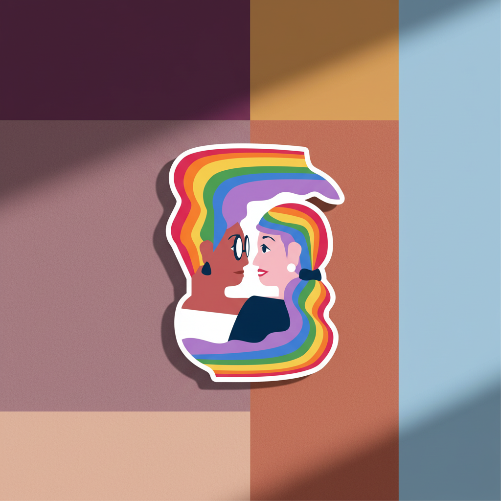 Magnetic vinyl décor shows two people with rainbow hair gazing at each other on a geometric background