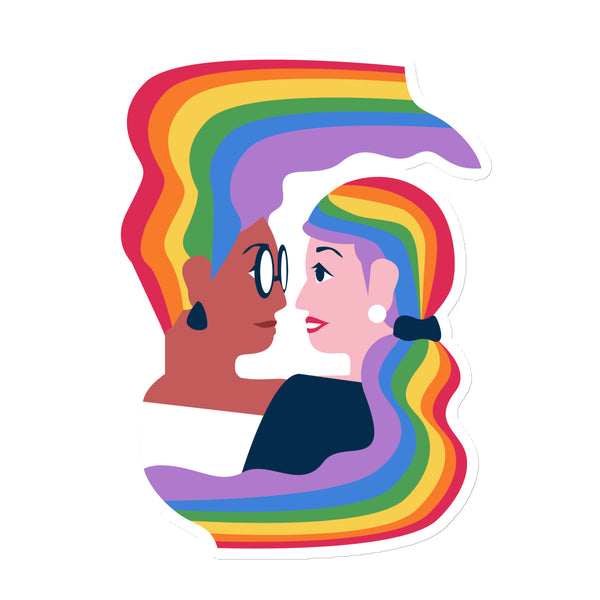 Illustrated lesbian couple with rainbow-striped hair leaning in for a kiss
