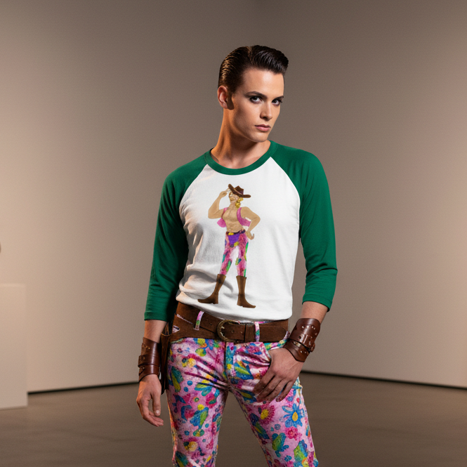 Gay Cowboy 3/4 Sleeve Raglan Shirt in green and white with a cowboy graphic, paired with bold floral pants