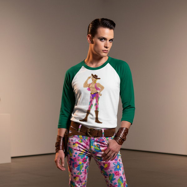 Gay Cowboy 3/4 Sleeve Raglan Shirt in green and white with a cowboy graphic, paired with bold floral pants