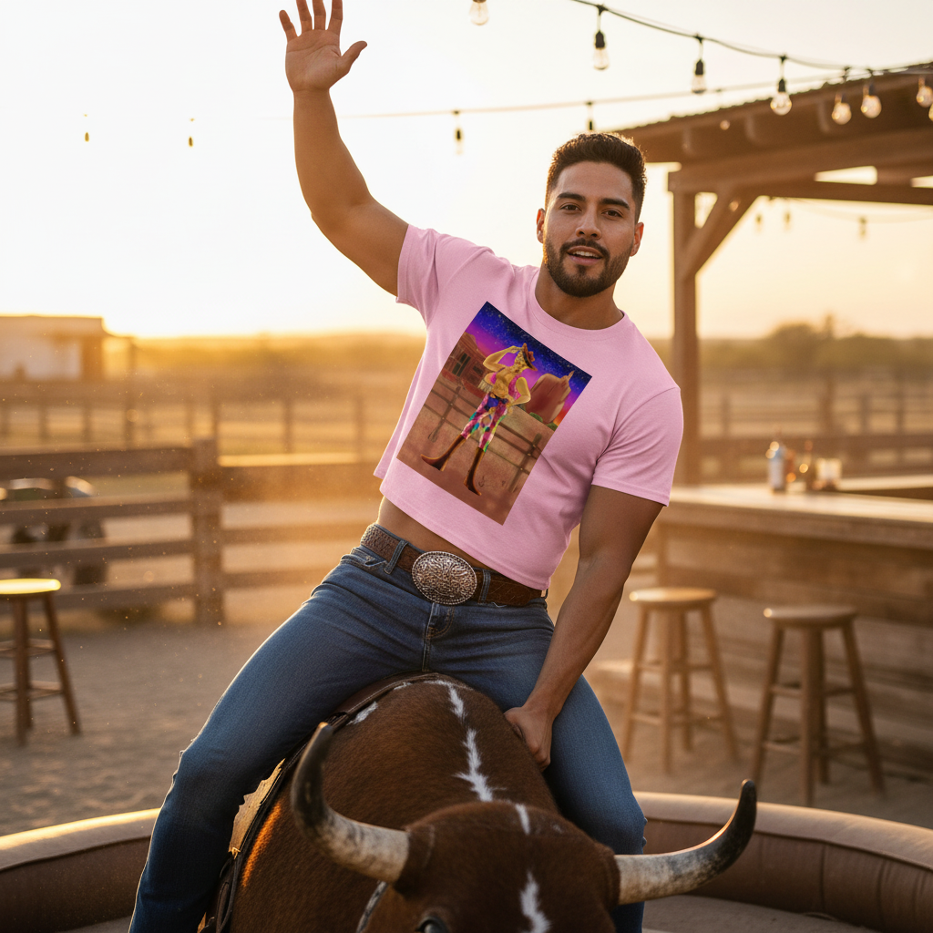 Person riding a mechanical bull in a pink cropped T-shirt with a cowboy graphic