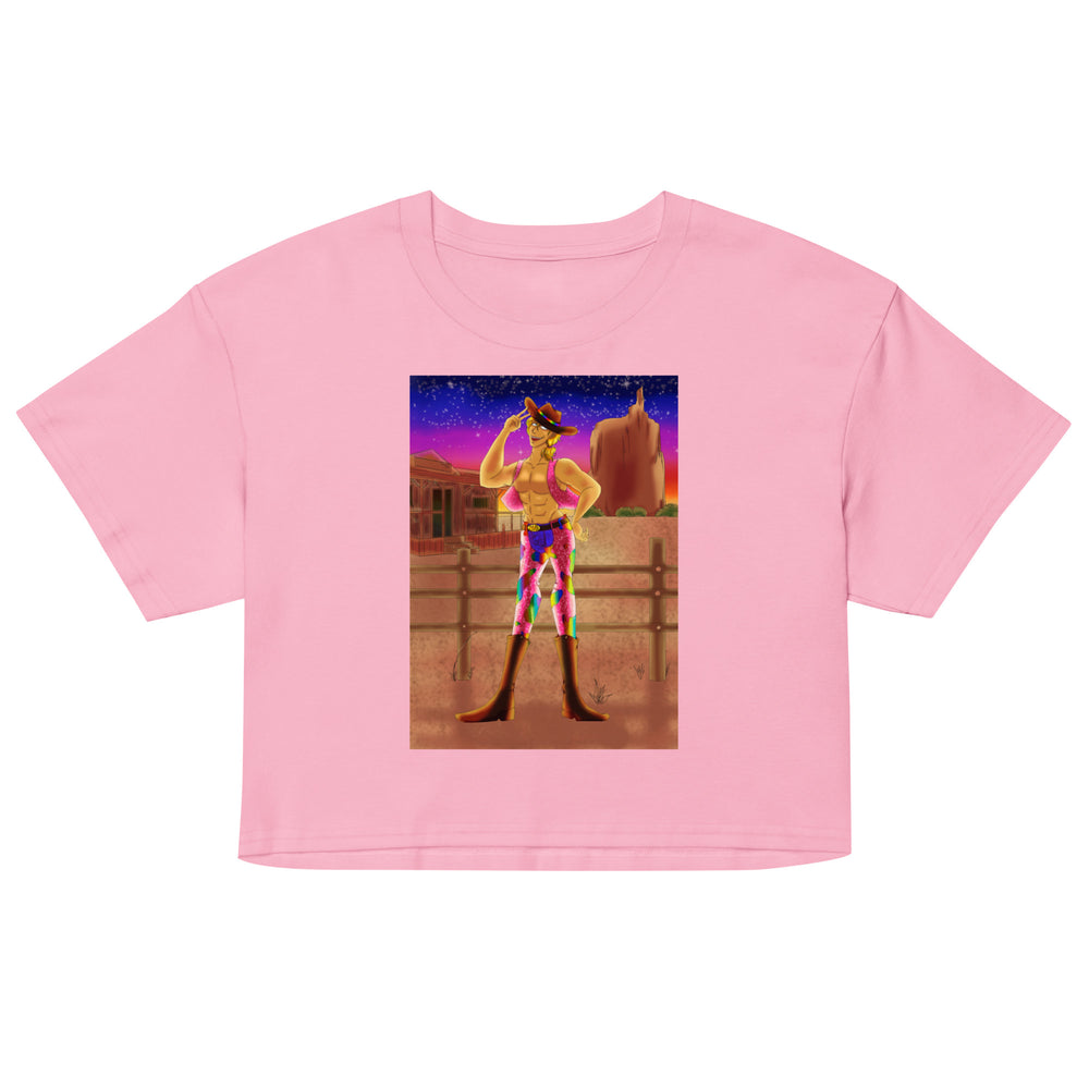 Front view of a pink crop top with a colorful cowboy illustration at sunset