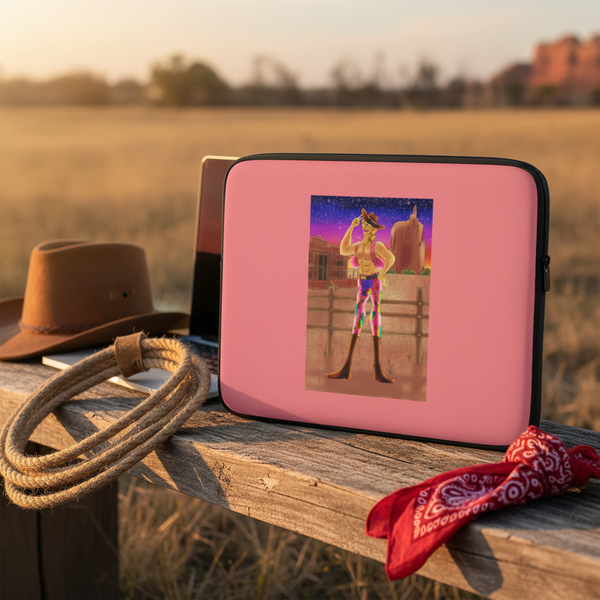 Laptop sleeve featuring a bold, queer cowgirl with cowboy hat, red bandana, lasso, and sunset field scene