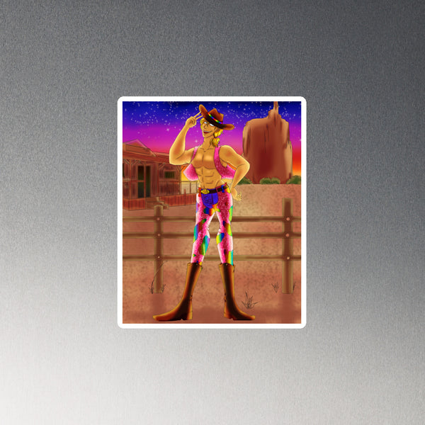 Rectangular magnet showing a shirtless cartoon cowboy in a pink vest, rainbow chaps, and hat at sunset