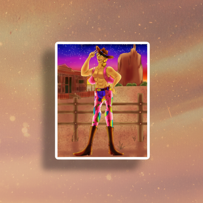 Vibrant vinyl magnet of a cartoon gay cowboy in pink vest, floral pants at sunset