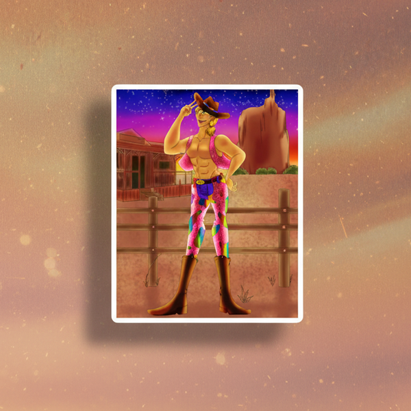 Vibrant vinyl magnet of a cartoon gay cowboy in pink vest, floral pants at sunset
