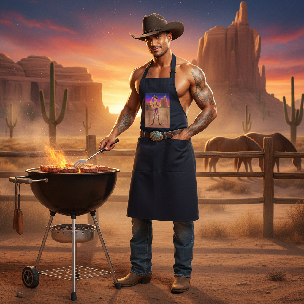 Shirtless cowboy wearing a dark apron grills sausages at sunset in a desert scene