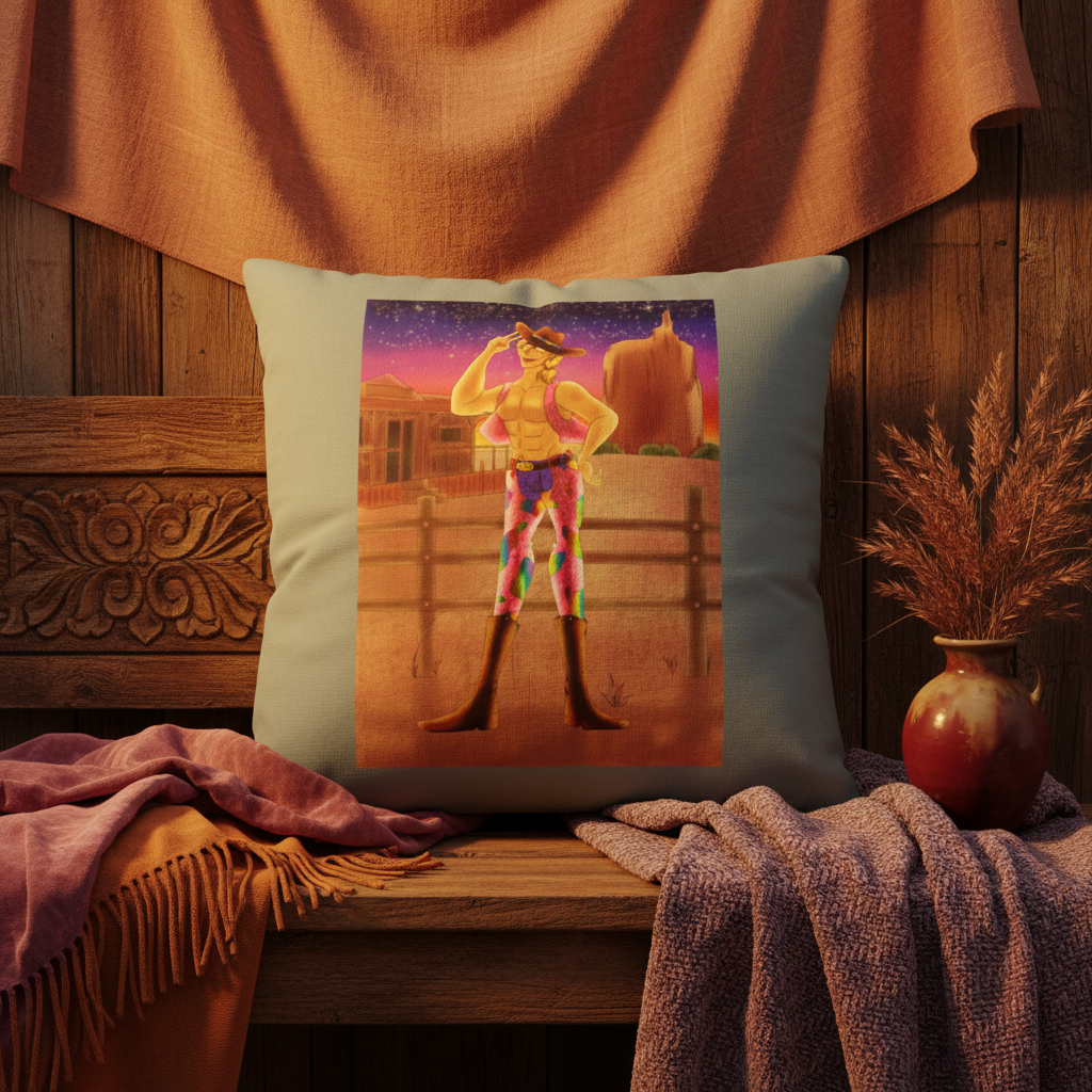 Gay Cowboy At Sunset Pillow on wooden bench with earth-toned blankets, dried grass, and a vibrant cowboy at a desert sunset