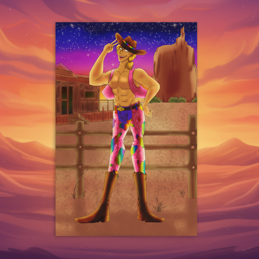 Gay Cowboy At Sunset Postcard with a queer cowboy in a pink vest, bold pants, brown boots by a fence