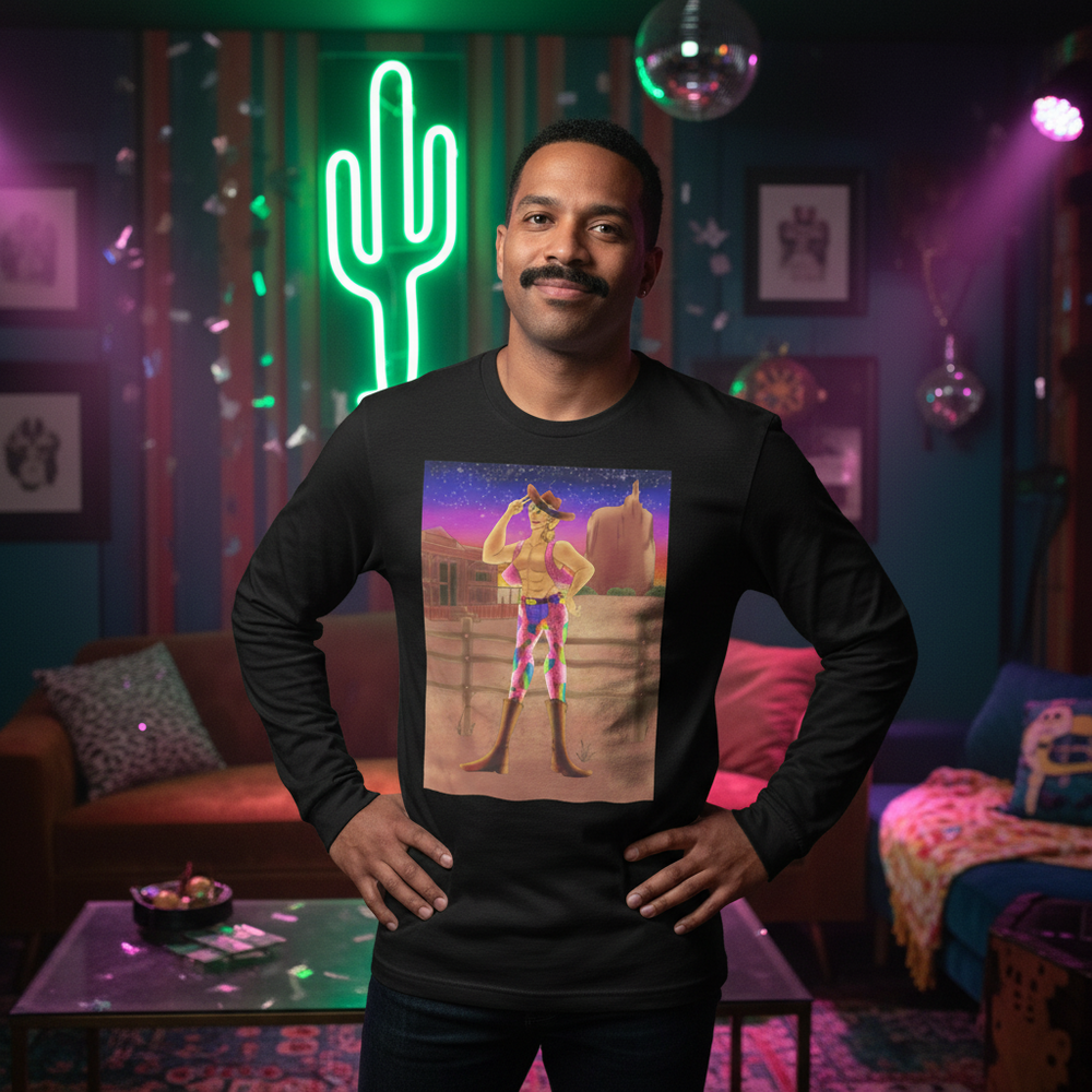 Gay Cowboy At Sunset unisex long sleeve T-shirt with cowboy graphic on starry desert sky