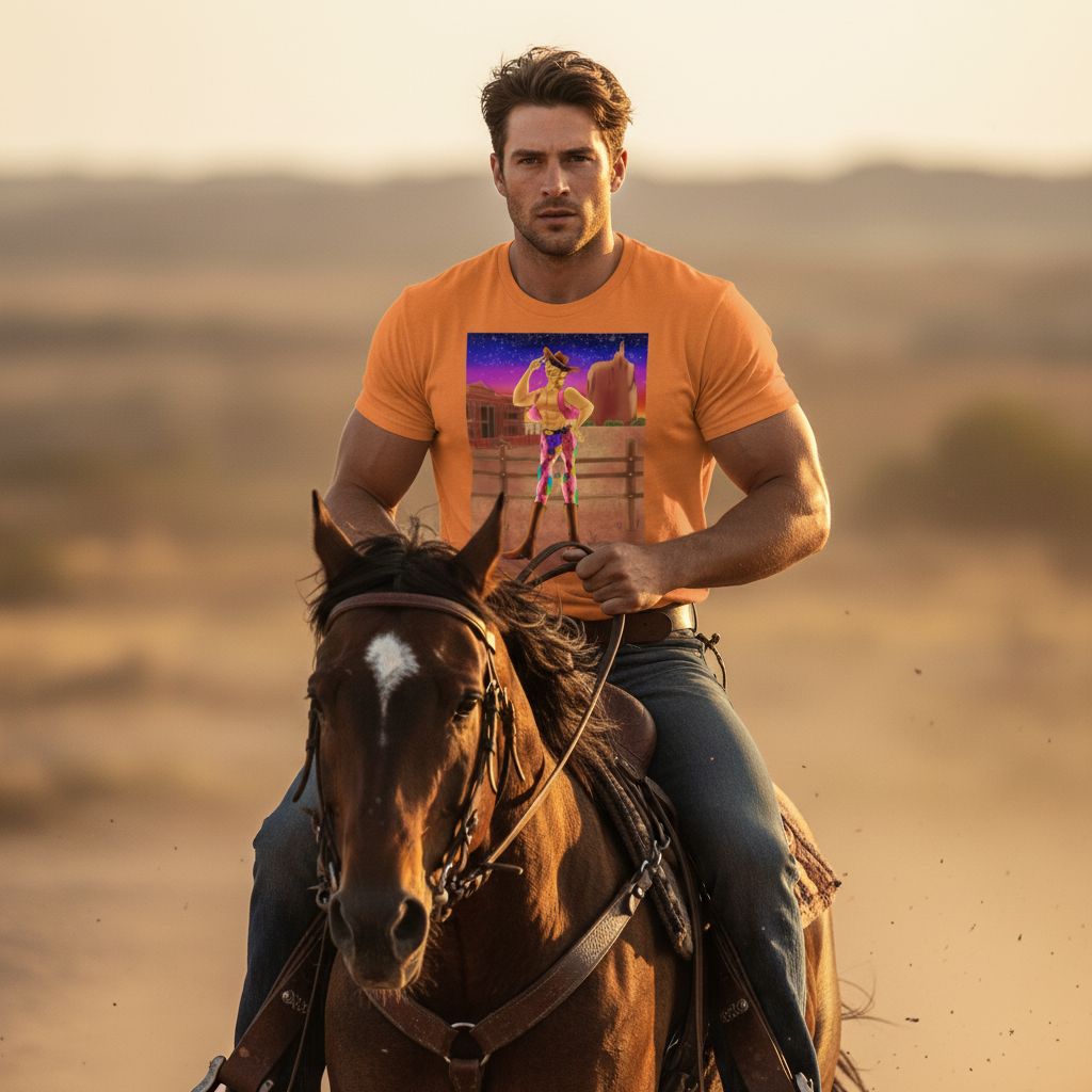 Muscular person in orange graphic T-shirt riding a brown horse at sunset