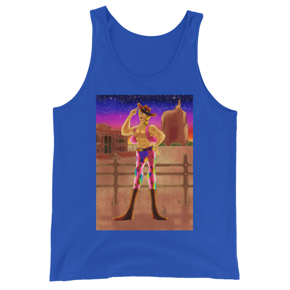 Unisex tank top with a buff cowboy in a vest, rainbow pants, and boots by a fence at sunset with Western town vibes.
