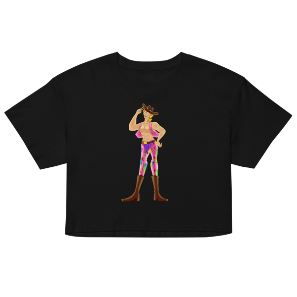 Front view of a black crop T-shirt with a colorful cowboy illustration wearing a hat, vest, pants, and boots