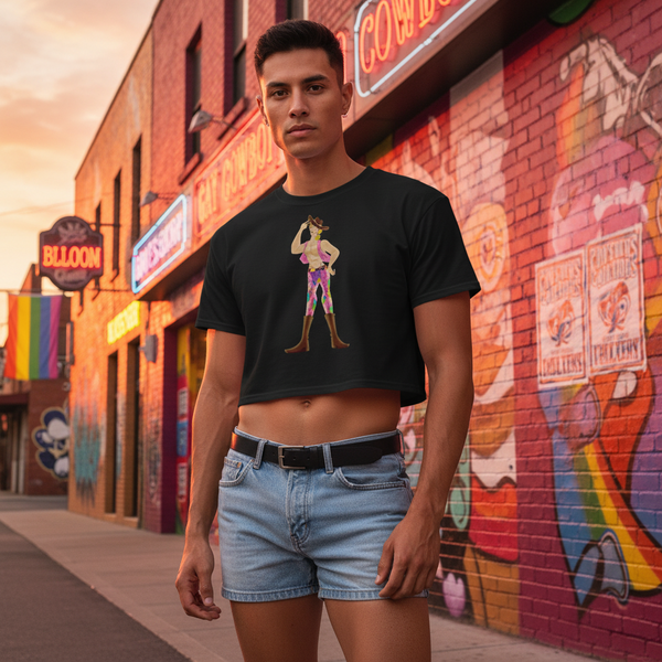 Gay Cowboy Crop Top paired with light denim shorts, worn by a person at sunset