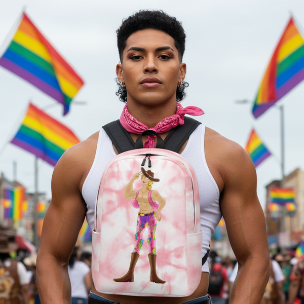 Gay Cowboy Minimalist Backpack on a buff, short-curly haired person in a white tank and pink bandana