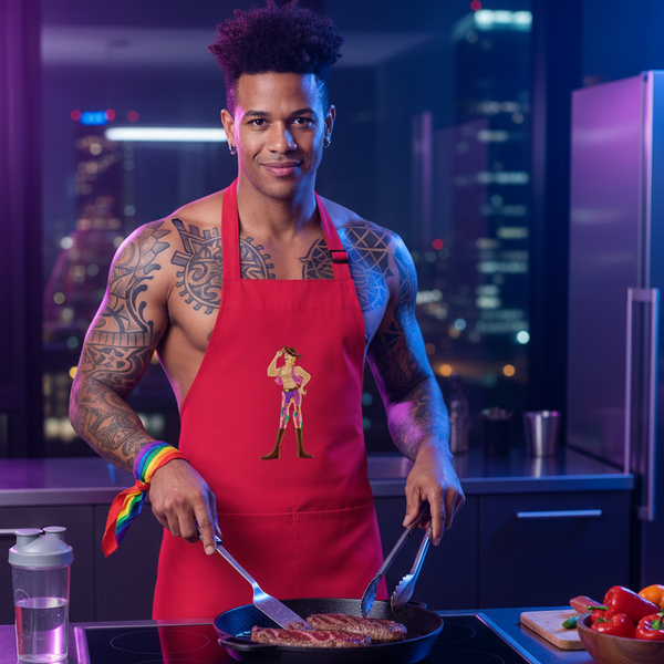 Shirtless tattooed person wearing a red apron with a cowboy graphic while cooking
